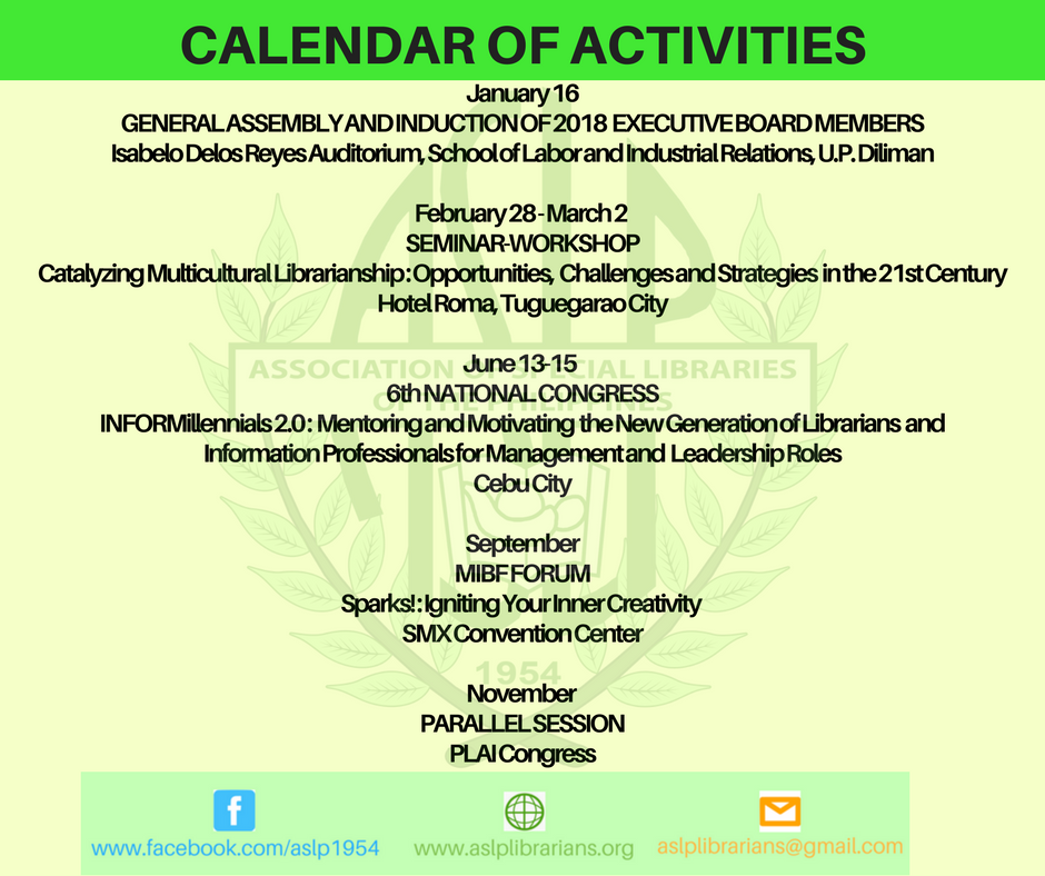 ASLP 2018 Calendar of Activities